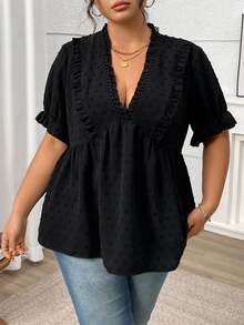 Juhart Plus Size Women Frill Short Sleeve Loose Casual Blouse For Summer - Black - View 5