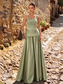 Aureia Elegant Green Satin Dress, Diamond Chain Decor Extra-Large Skirt,Fashionable Wedding Guest Gown,Formal Party & Bachelorette Dinner Dress - Green - View 6