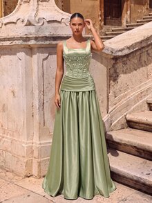 Aureia Elegant Green Satin Dress, Diamond Chain Decor Extra-Large Skirt,Fashionable Wedding Guest Gown,Formal Party & Bachelorette Dinner Dress - Green - View 7