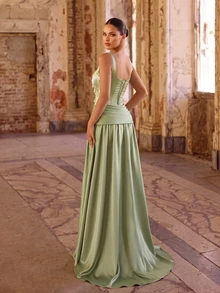 Aureia Elegant Green Satin Dress, Diamond Chain Decor Extra-Large Skirt,Fashionable Wedding Guest Gown,Formal Party & Bachelorette Dinner Dress - Green - View 2