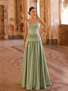 Aureia Elegant Green Satin Dress, Diamond Chain Decor Extra-Large Skirt,Fashionable Wedding Guest Gown,Formal Party & Bachelorette Dinner Dress - Green - View 4