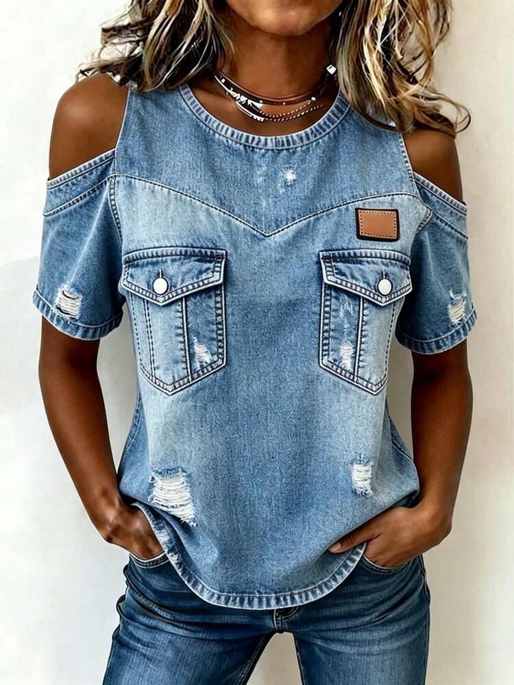 EMERY ROSE Nueva blusa casual sexy versátil de hombro descubierto con efecto denim para mujer - Azul - Añade 4