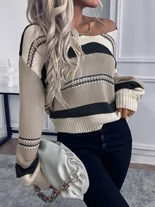 EMERY ROSE Autumn/Winter Casual Contrast Color Stripe Dropped Shoulder Relaxed Sweater, Long Sleeve Top Knit Pullover Fall - Khaki - View 5