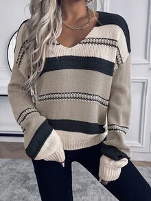 EMERY ROSE Autumn/Winter Casual Contrast Color Stripe Dropped Shoulder Relaxed Sweater, Long Sleeve Top Knit Pullover Fall - Khaki - View 4