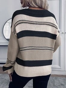 EMERY ROSE Autumn/Winter Casual Contrast Color Stripe Dropped Shoulder Relaxed Sweater, Long Sleeve Top Knit Pullover Fall - Khaki - View 2