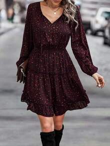 EMERY ROSE Allover Print Tie Neck Ruffle Hem Dress Burgundy Color Women Outfit Fall Cloth For Women - Burgundy - View 5