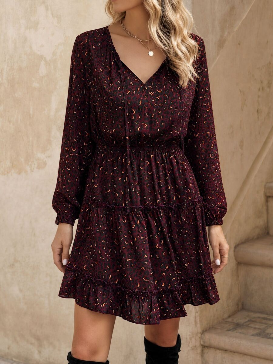 EMERY ROSE Allover Print Tie Neck Ruffle Hem Dress Burgundy Color Women Outfit Fall Cloth For Women - Burgundy - View 1