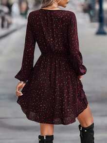 EMERY ROSE Allover Print Tie Neck Ruffle Hem Dress Burgundy Color Women Outfit Fall Cloth For Women - Burgundy - View 2
