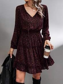 EMERY ROSE Allover Print Tie Neck Ruffle Hem Dress Burgundy Color Women Outfit Fall Cloth For Women - Burgundy - View 3
