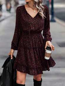 EMERY ROSE Allover Print Tie Neck Ruffle Hem Dress Burgundy Color Women Outfit Fall Cloth For Women - Burgundy - View 8