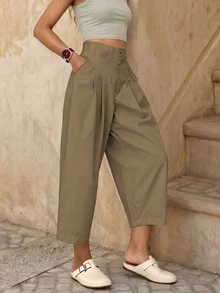 EMERY ROSE Women's Solid Color Pleated Pocket Casual Pants, Versatile Daily Wear - Khaki - View 1