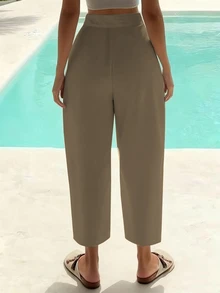 EMERY ROSE Women's Solid Color Pleated Pocket Casual Pants, Versatile Daily Wear - Khaki - View 2