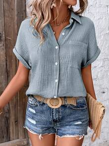EMERY ROSE Batwing Sleeve Pocket Patched Shirt - Baby Blue - View 4