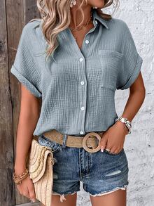 EMERY ROSE Batwing Sleeve Pocket Patched Shirt - Baby Blue - View 6