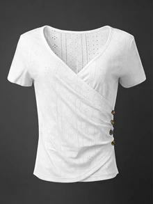 EMERY ROSE Women's Casual Solid Color Wrap Fitted T-Shirt, Summer - Black - View 4