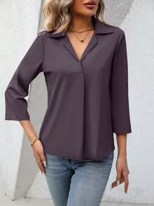 EMERY ROSE Solid Color Roll-Up Sleeve Casual Shirt, Spring Summer - Dusty Purple - View 5