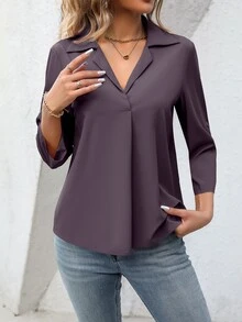 EMERY ROSE Solid Color Roll-Up Sleeve Casual Shirt, Spring Summer - Dusty Purple - View 7
