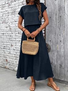 EMERY ROSE 2pcs Women's Solid Color Short Sleeve Top And Skirt Casual Set - Navy Blue - View 6