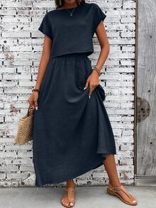EMERY ROSE 2pcs Women's Solid Color Short Sleeve Top And Skirt Casual Set - Navy Blue - View 7