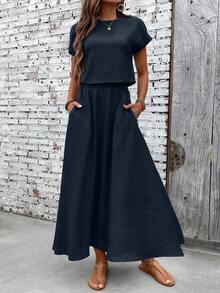 EMERY ROSE 2pcs Women's Solid Color Short Sleeve Top And Skirt Casual Set - Navy Blue - View 4