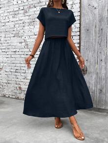 EMERY ROSE 2pcs Women's Solid Color Short Sleeve Top And Skirt Casual Set - Navy Blue - View 5