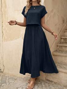 EMERY ROSE 2pcs Women's Solid Color Short Sleeve Top And Skirt Casual Set - Navy Blue - View 1