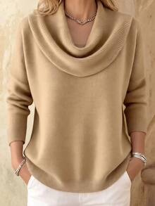 EMERY ROSE Women's Casual Solid Color Draped Neck Knit Sweater, Autumn/Winter - Camel - View 1