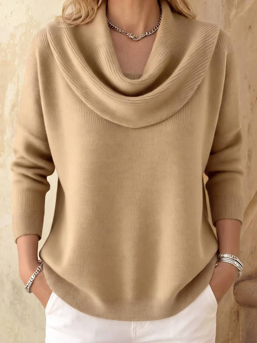 EMERY ROSE Women's Casual Solid Color Draped Neck Knit Sweater, Autumn/Winter - Camel - View 1