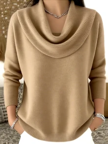 EMERY ROSE Women's Casual Solid Color Draped Neck Knit Sweater, Autumn/Winter - Camel - View 3