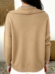 EMERY ROSE Women's Casual Solid Color Draped Neck Knit Sweater, Autumn/Winter - Camel - View 2