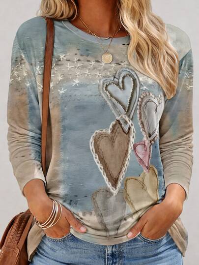 EMERY ROSE Romantic Sea Salt Heart Print Round Neck Long Sleeve T-Shirt, Suitable For Spring And Autumn, Casual Simple Fashion