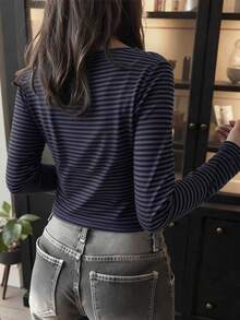 EMERY ROSE Women's Casual Striped Long Sleeve T-Shirt, Autumn - Blue - View 2