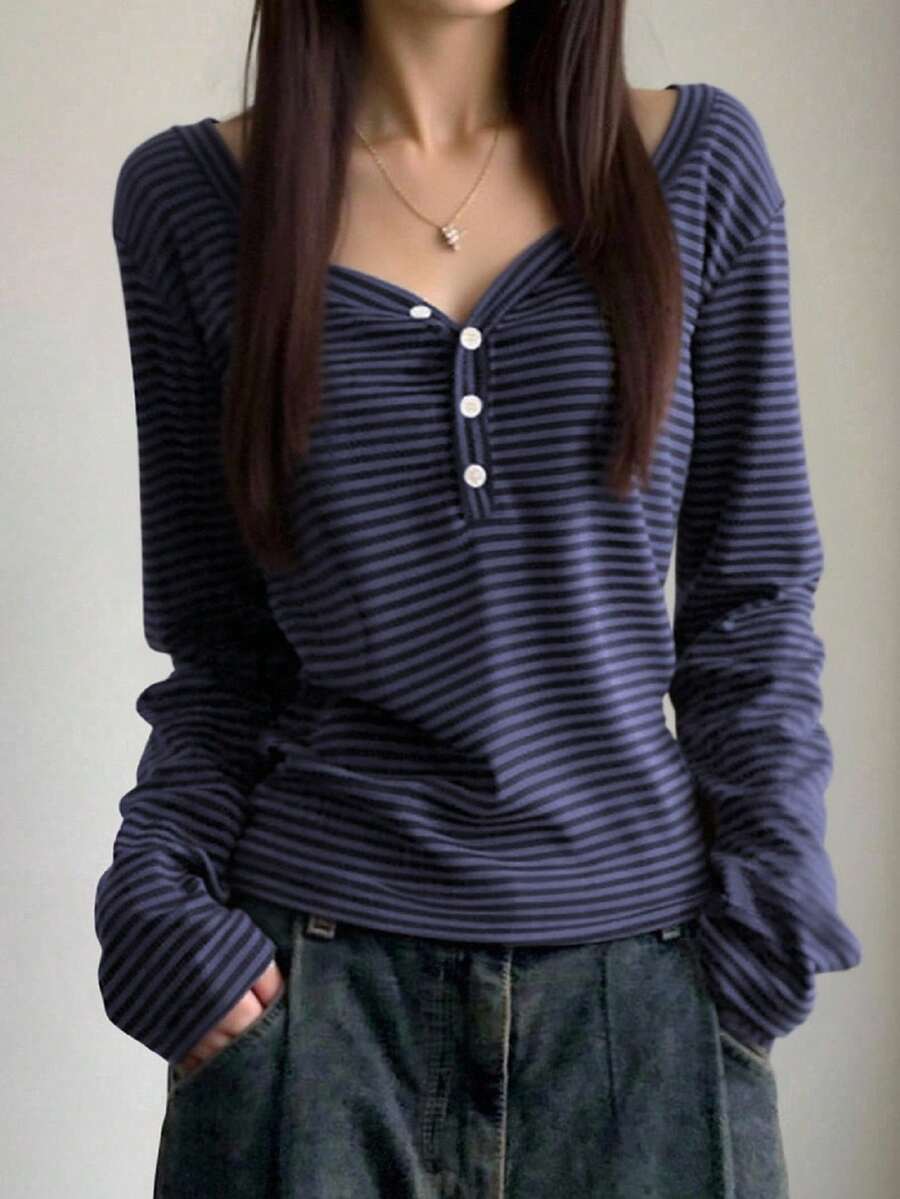 EMERY ROSE Camiseta de manga larga a rayas de estilo casual para mujer, otoño - Azul - Ver 1