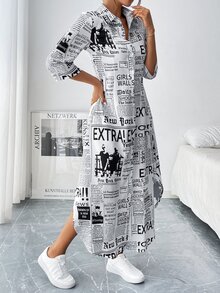 EMERY ROSE Women's Newspaper Print Shirt Dress Maxi Women Outfit - Black and White - View 7