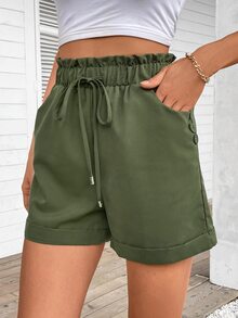 EMERY ROSE Women's Solid Color Shorts With Frill Trim, Waist Tie And Button Decoration - Green - View 6