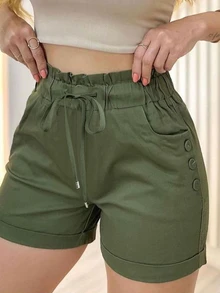 EMERY ROSE Women's Solid Color Shorts With Frill Trim, Waist Tie And Button Decoration - Green - View 3