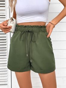 EMERY ROSE Women's Solid Color Shorts With Frill Trim, Waist Tie And Button Decoration - Green - View 7