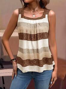 EMERY ROSE Camiseta sin mangas de mujer con bloques de color y rayas, diseños gráficos, ideal para días festivos y uso casual - Amarillo Mostaza - Ver 6