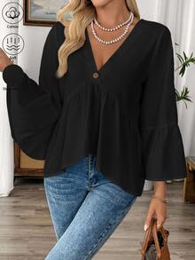 EMERY ROSE White V-Neck Ruffle Sleeve Women's Casual Shirt - Black - View 4