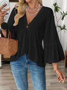EMERY ROSE White V-Neck Ruffle Sleeve Women's Casual Shirt - Black - View 5