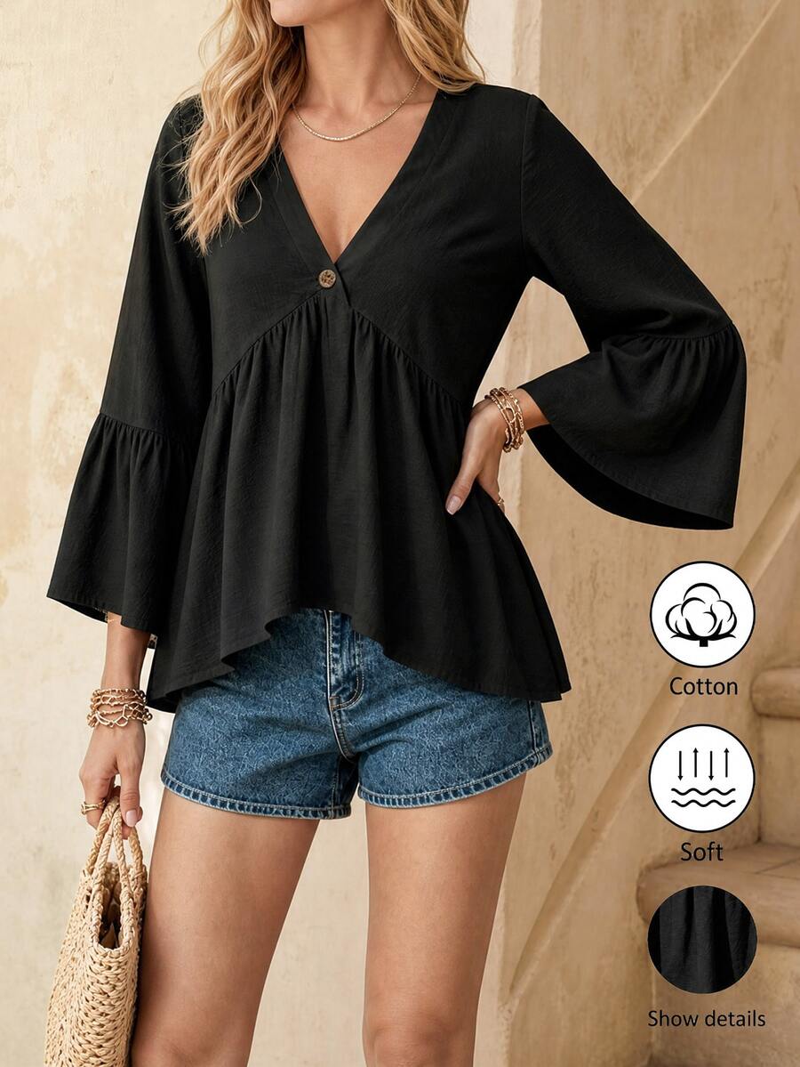 EMERY ROSE White V-Neck Ruffle Sleeve Women's Casual Shirt - Black - View 1