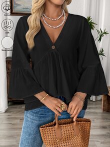 EMERY ROSE White V-Neck Ruffle Sleeve Women's Casual Shirt - Black - View 6