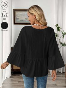 EMERY ROSE White V-Neck Ruffle Sleeve Women's Casual Shirt - Black - View 2