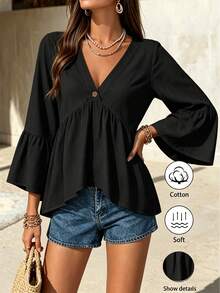 EMERY ROSE White V-Neck Ruffle Sleeve Women's Casual Shirt - Black - View 3