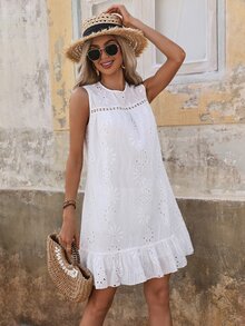 EMERY ROSE Women's Ruffle Hem Sleeveless A-Line Dress - White - View 4