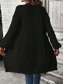 EMERY ROSE Solid Drop Shoulder Cardigan,Long Sleeve Tops Fall Winter Cloth For Women - Black - View 2