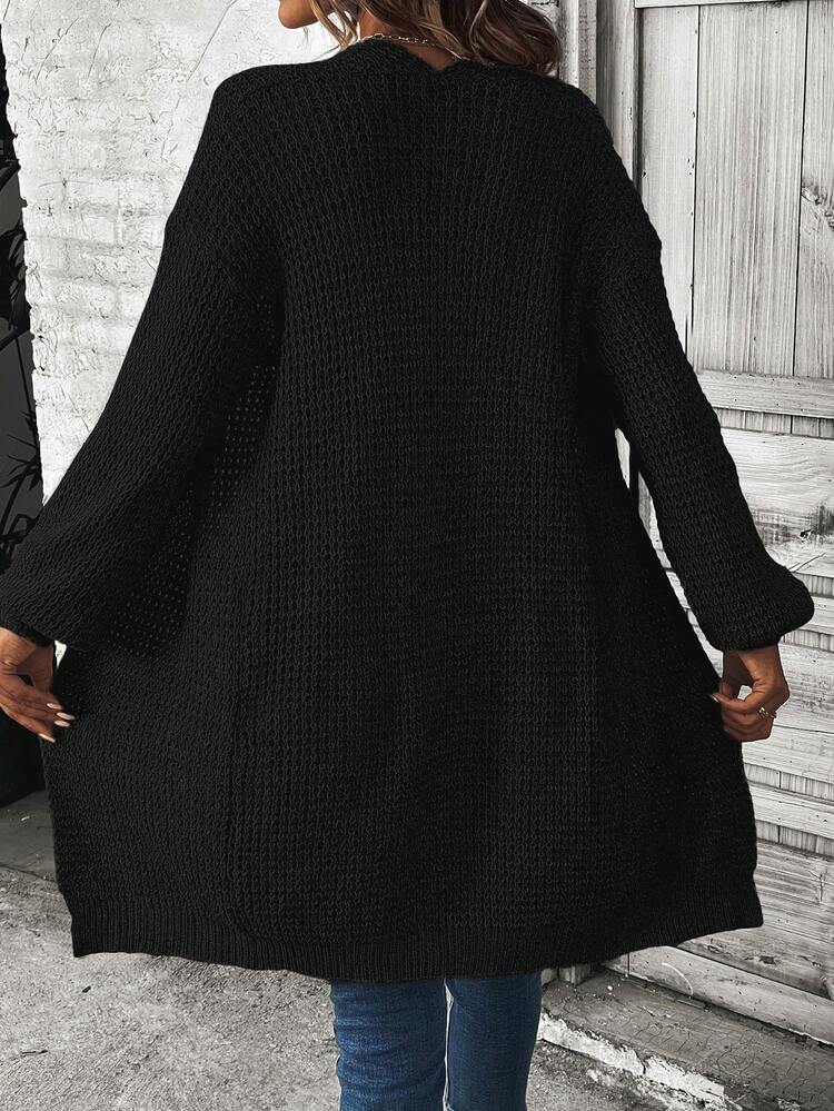 EMERY ROSE Solid Drop Shoulder Cardigan,Long Sleeve Tops Fall Winter Cloth For Women - Black - View 2