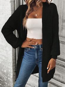 EMERY ROSE Solid Drop Shoulder Cardigan,Long Sleeve Tops Fall Winter Cloth For Women - Black - View 6