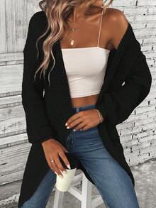 EMERY ROSE Solid Drop Shoulder Cardigan,Long Sleeve Tops Fall Winter Cloth For Women - Black - View 4