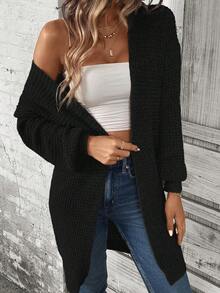 EMERY ROSE Solid Drop Shoulder Cardigan,Long Sleeve Tops Fall Winter Cloth For Women - Black - View 7